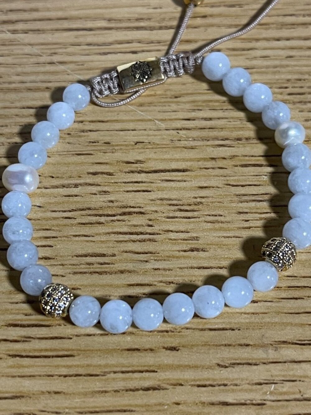 Zenger New York Adjustable Beaded Macrame Bracelet Icy Blue Gold Tone Boho